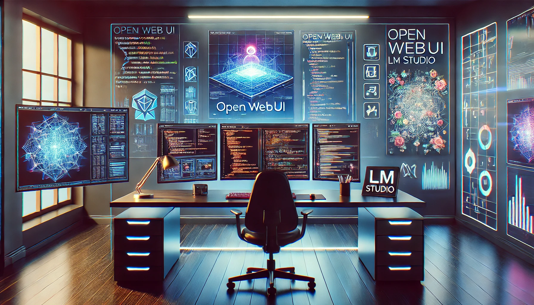 A sleek developer's workspace with multiple screens, AI interfaces, and a futuristic, high-tech environment. Icons for Open WebUI, Ollama, and LM Studio are subtly integrated into the scene.