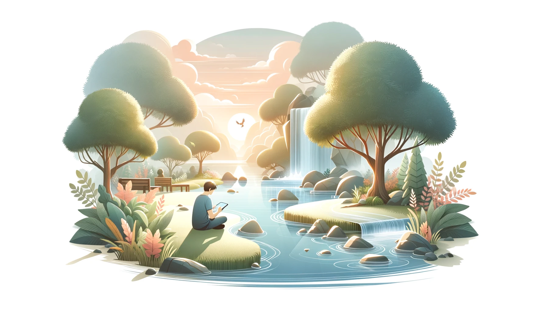 An image featuring a tranquil landscape with a person playing a mobile game, surrounded by serene elements like flowing water, trees, and soft lighting to evoke a sense of relaxation and calm.